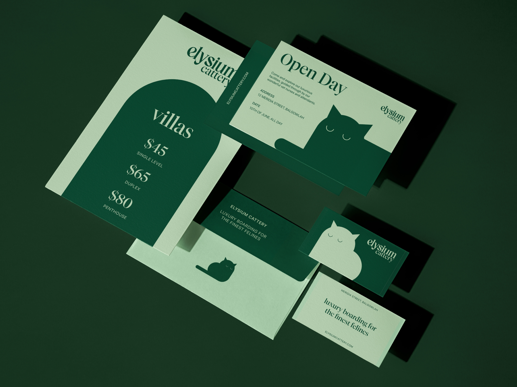 Elysium Cattery deep green brand collateral